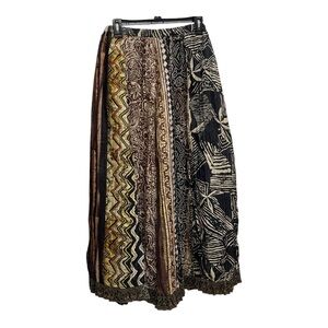 Chico’s Silk Boho Patchwork Maxi Skirt Brown Black Earthy Tones Size 2